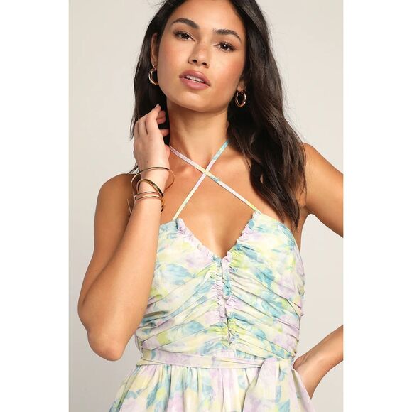 Lulus Effortlessly Abloom Green Multi Floral Ruched Halter Maxi Dress Size S NWT - Picture 2 of 9